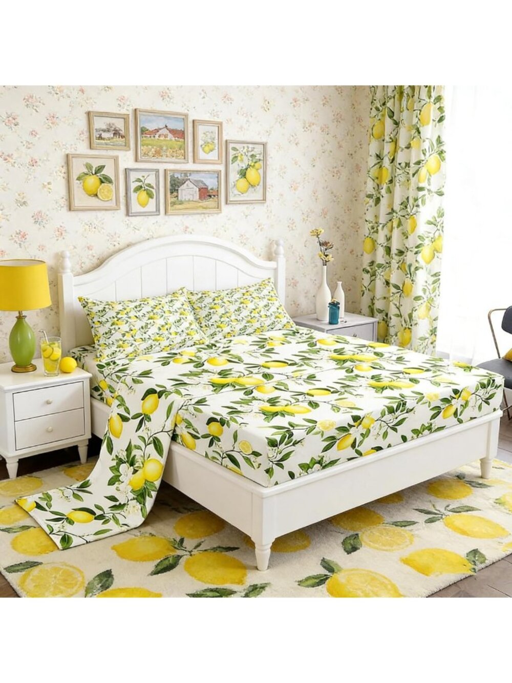 Summer Fruits Queen Bedding Set - Lemon & Green Leaves, 4pc Sheet Set for Kids